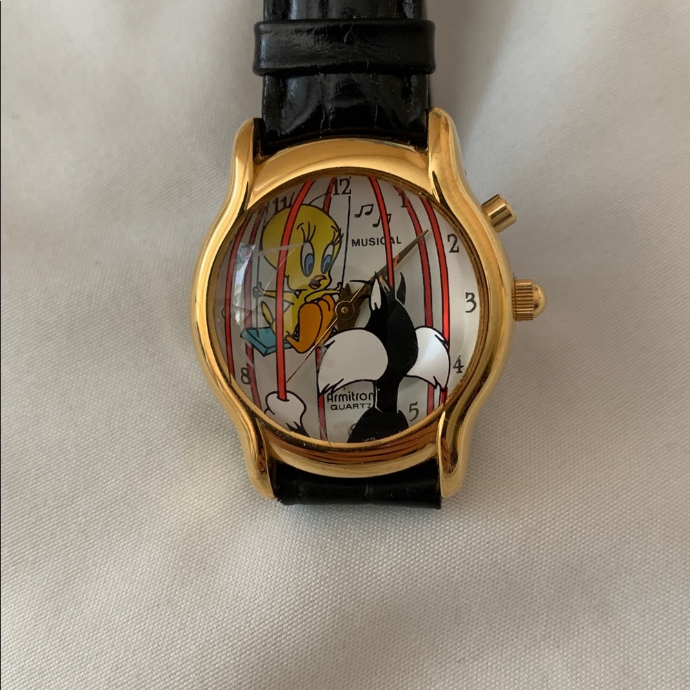Vintage Warner Bros Looney Tunes Tweety Bird & Sylvester Cat Black Leather Watch